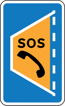 UK blue sign marking the location of an emergency area, with an orange SOS telephone symbol