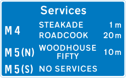 UK motorway sign showing the service areas ahead, with distances and operator names