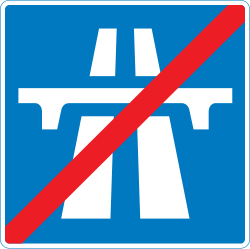 UK end of motorway regulations sign: the white motorway symbol on blue, crossed by a red diagonal bar