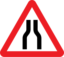UK road narrows on both sides warning sign: a red-bordered triangle with two black lines drawing in towards each other