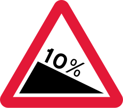 UK steep hill downwards warning sign: a red-bordered triangle with a black sloping wedge and the figure 10%