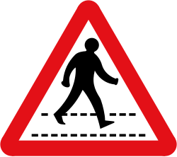 UK pedestrian crossing ahead warning sign: a red-bordered triangle with a black figure walking across a crossing