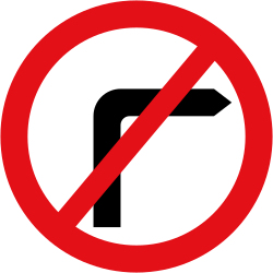 UK no right turn sign: a red ring with a black arrow turning right, crossed by a red diagonal bar
