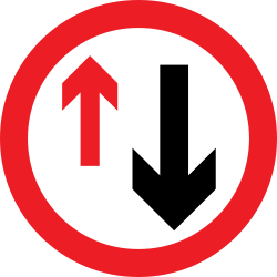 UK give priority to vehicles from the opposite direction sign: a red ring with two arrows pointing in opposite directions, one red and one black