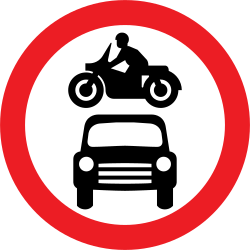 UK no motor vehicles sign: a red ring containing a black motorcycle and a black car