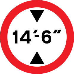 UK maximum height sign: a red ring showing a height limit of 14 feet 6 inches between two black arrowheads