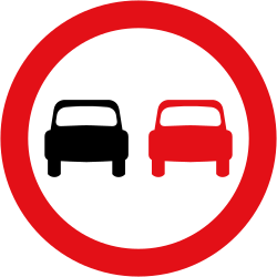 UK no overtaking sign: a red ring containing two cars side by side, one red and one black