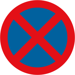 UK no stopping (clearway) sign: a blue circle with a red border and a red cross