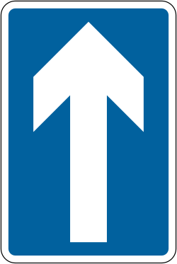 UK one-way traffic information sign: a blue rectangle with a white arrow pointing upwards