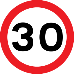 UK maximum speed limit sign: a white circle with a red border and the number 30 in black