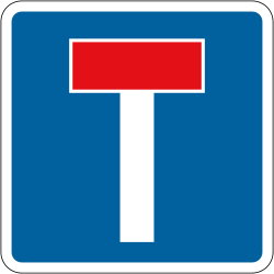 UK no through road information sign: a blue rectangular sign with a white upright bar topped by a short red bar