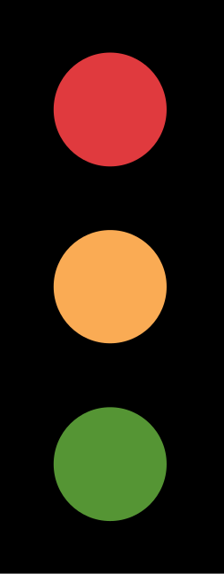 UK traffic signal head showing the standard layout: red at the top, amber in the middle and green at the bottom