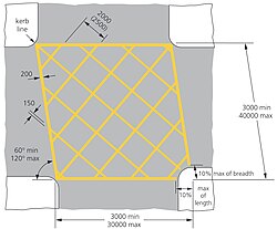 Diagram of a yellow box junction: criss-cross yellow lines painted across a junction